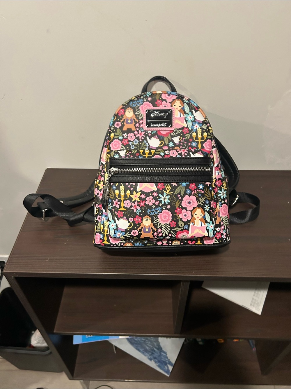 Disney Loungefly beauty and the Beast Pink Floral & Multicolor Fairytale Print
